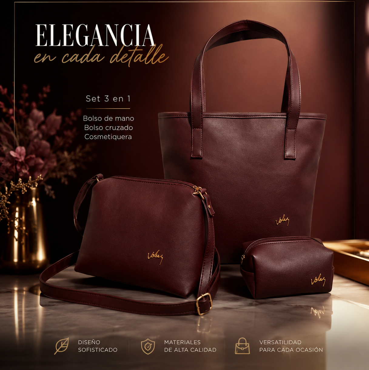 Vélez Kit de 3 Bolsas Femininas em Couro Legítimo